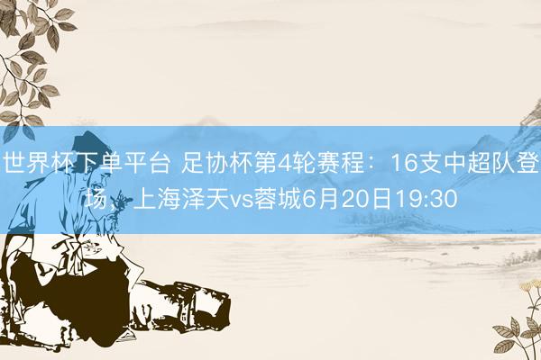 世界杯下單平臺 足協(xié)杯第4輪賽程：16支中超隊登場，上海澤天vs蓉城6月20日19:30